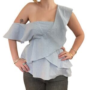 SHILLA Australia Asymmetrical Sleeve Cotton Blend Striped Ruffle Top Size S